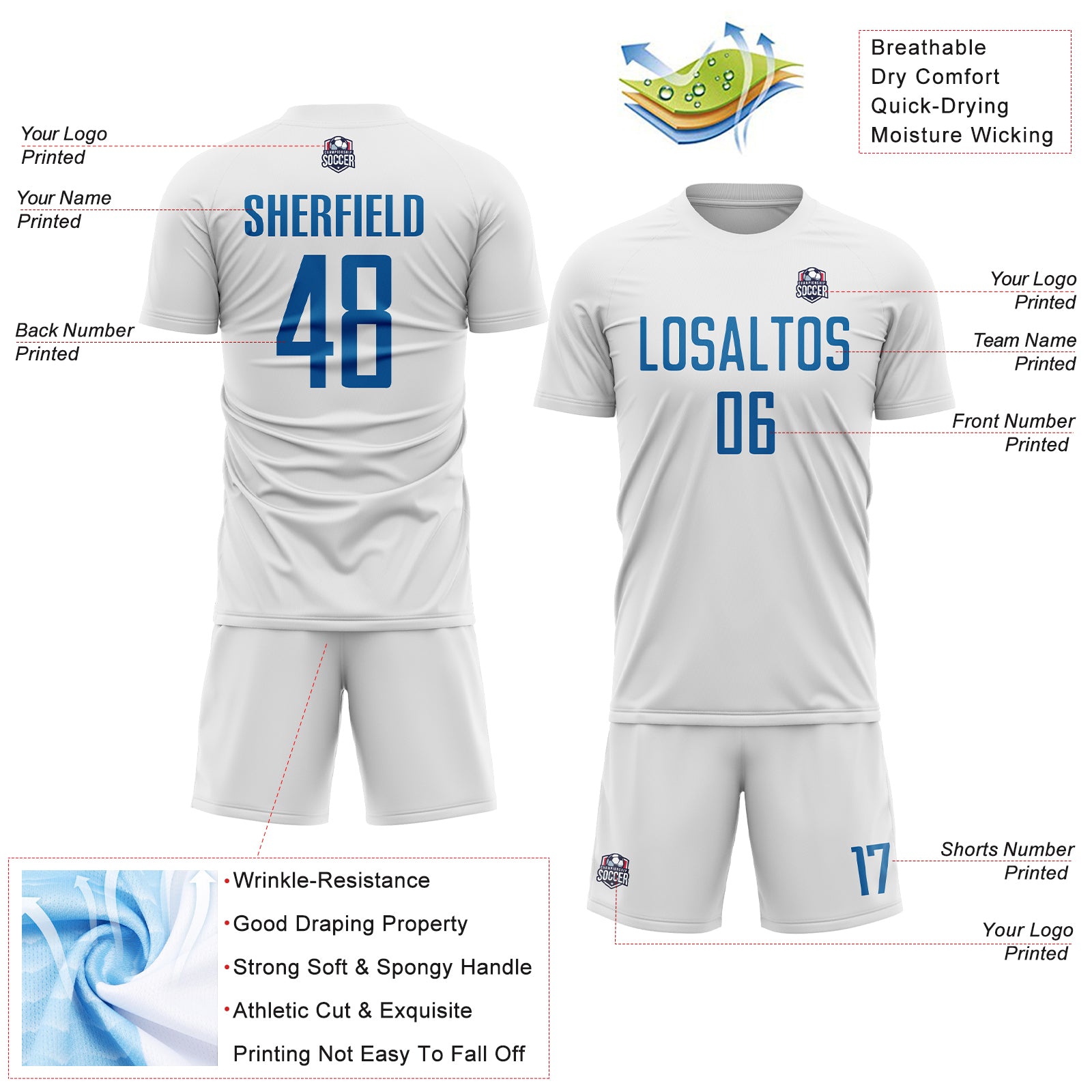 Custom White Blue Sublimation Soccer Uniform Jersey