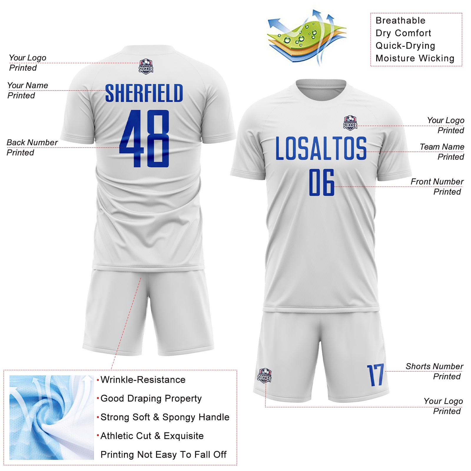 Custom White Thunder Blue Sublimation Soccer Uniform Jersey
