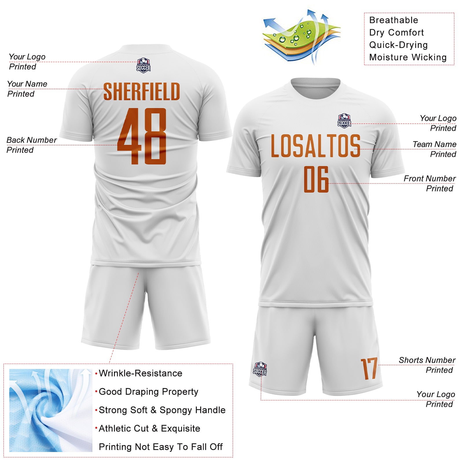 Custom White Texas Orange Sublimation Soccer Uniform Jersey