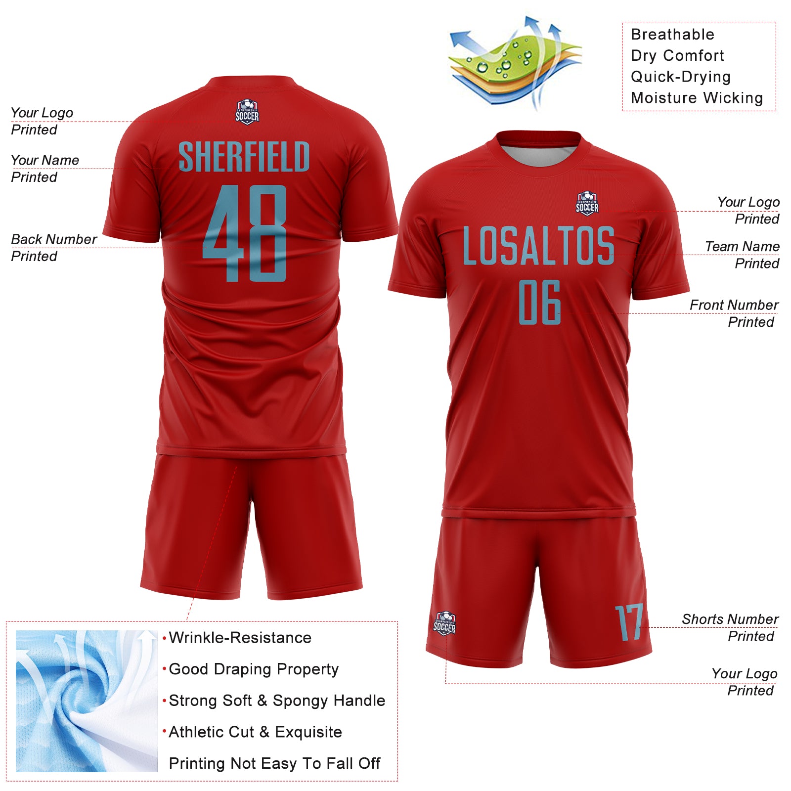 Custom Red Shadow Blue Sublimation Soccer Uniform Jersey