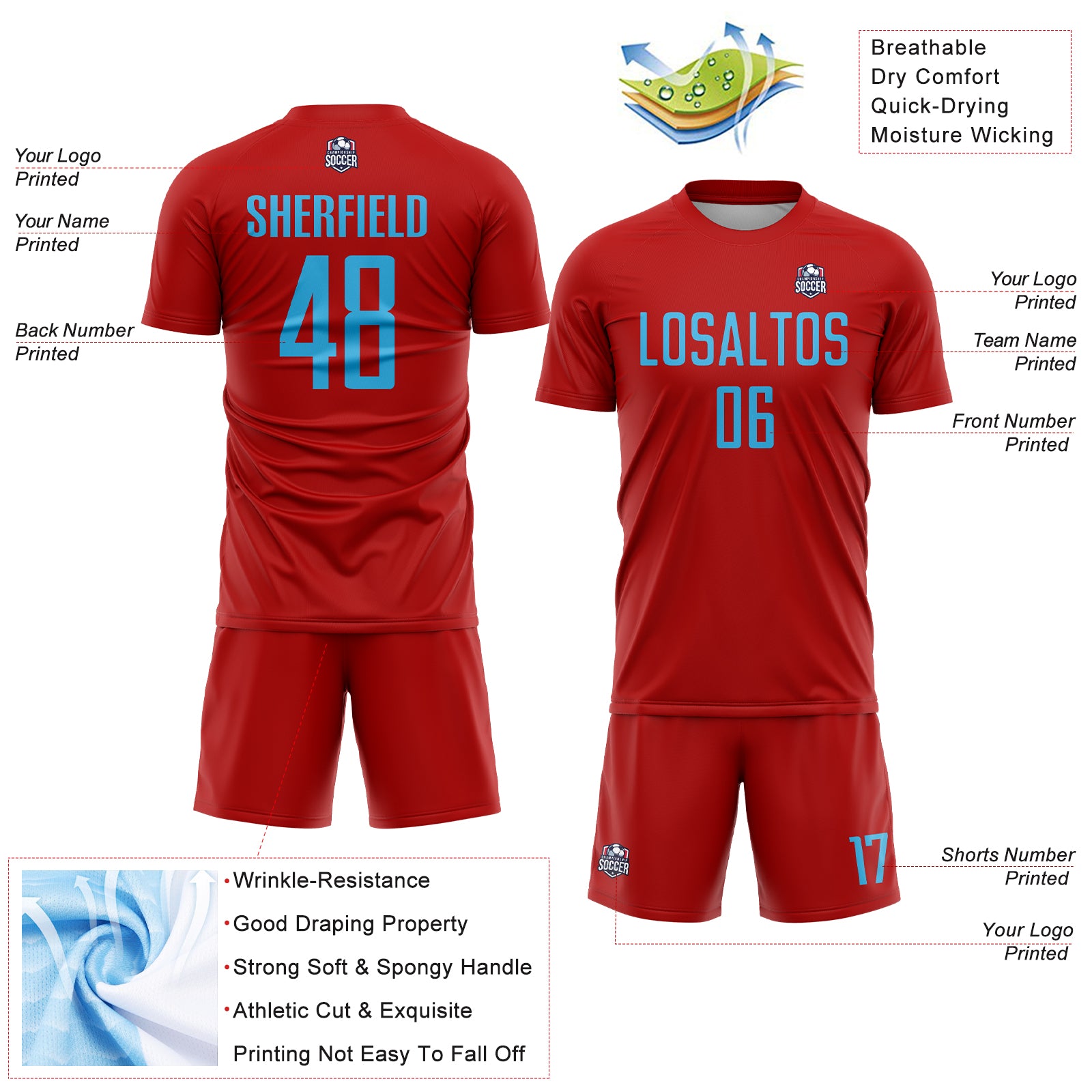 Custom Red Sky Blue Sublimation Soccer Uniform Jersey