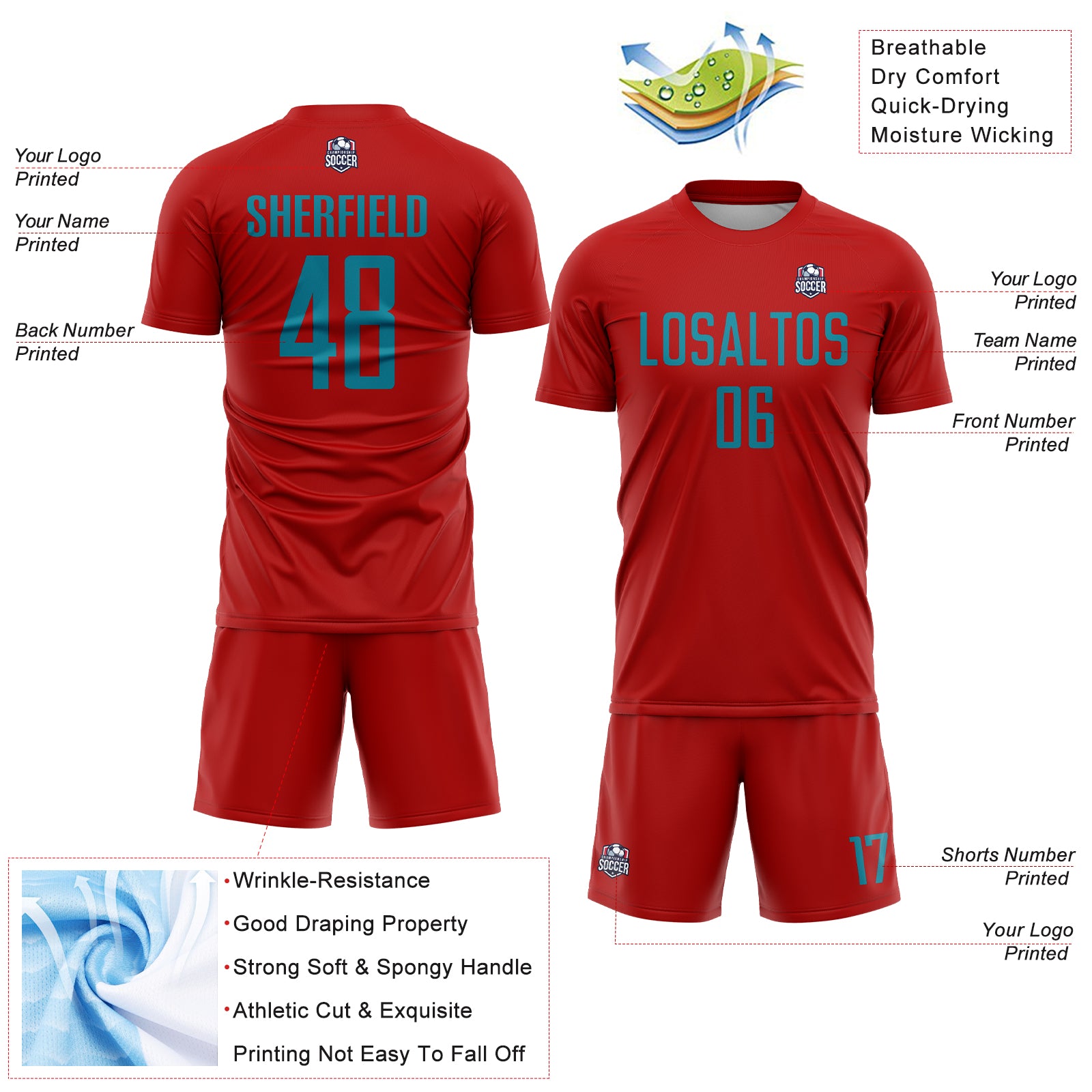 Custom Red Teal Sublimation Soccer Uniform Jersey