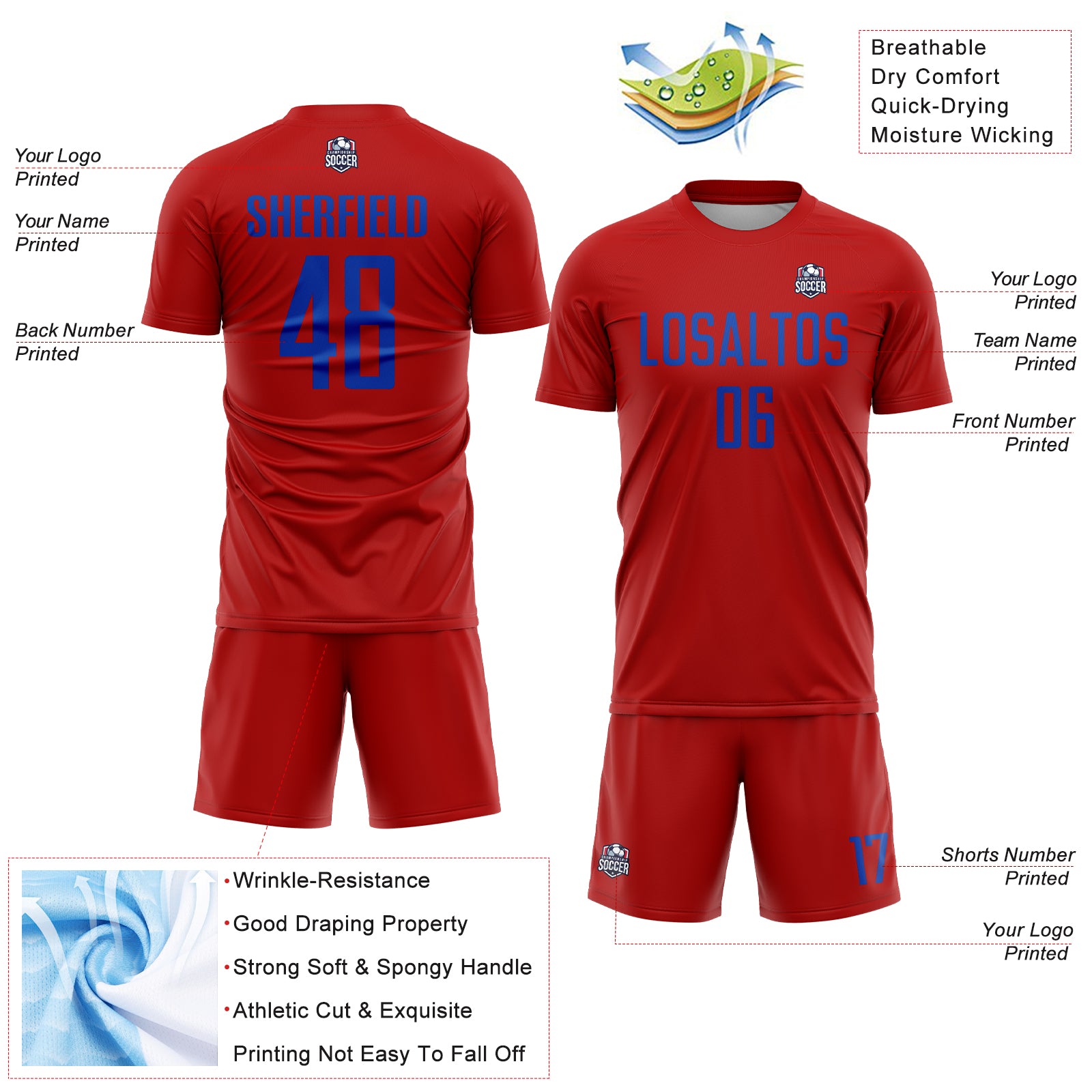Custom Red Thunder Blue Sublimation Soccer Uniform Jersey