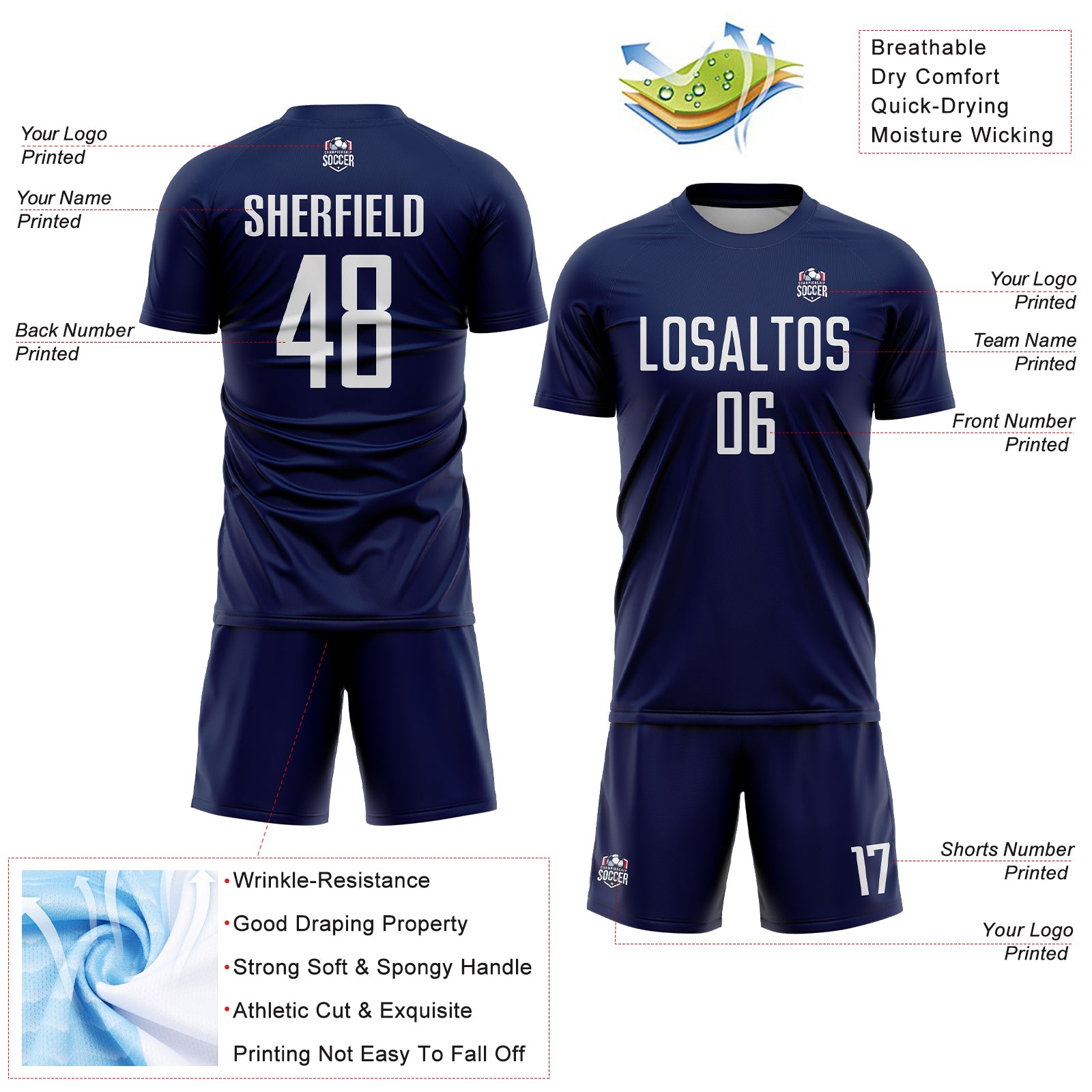 Custom Navy White Sublimation Soccer Uniform Jersey