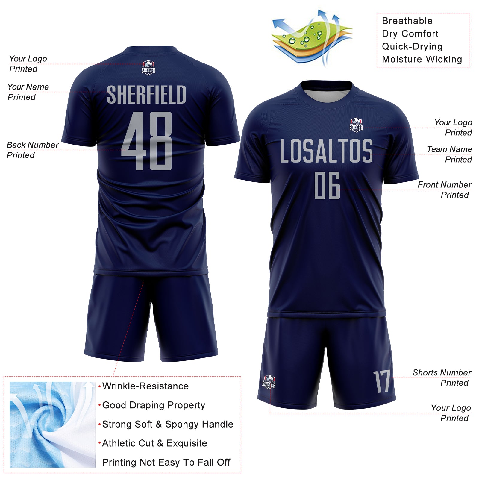 Custom Navy Gray Sublimation Soccer Uniform Jersey