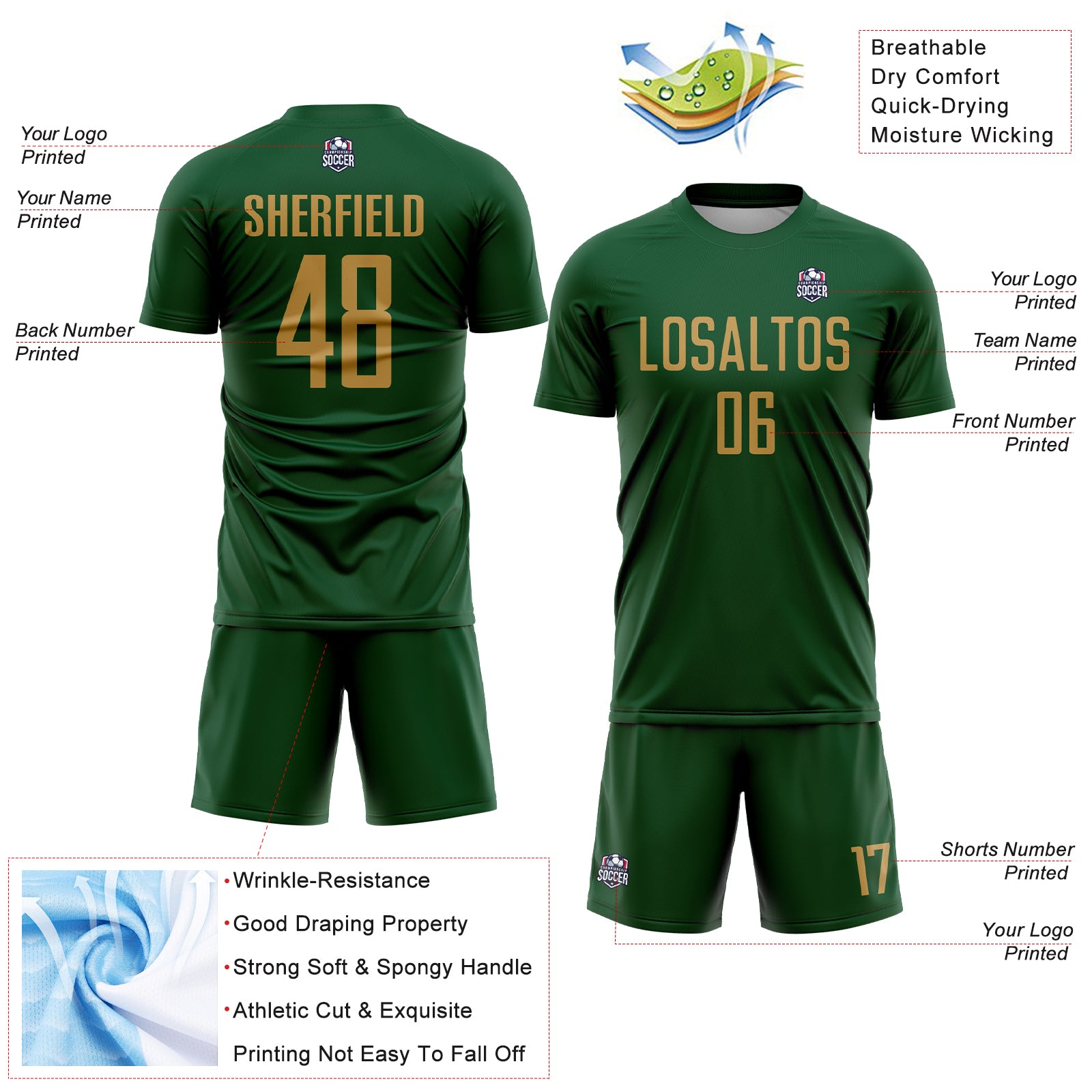 Custom Green Old Gold Sublimation Soccer Uniform Jersey