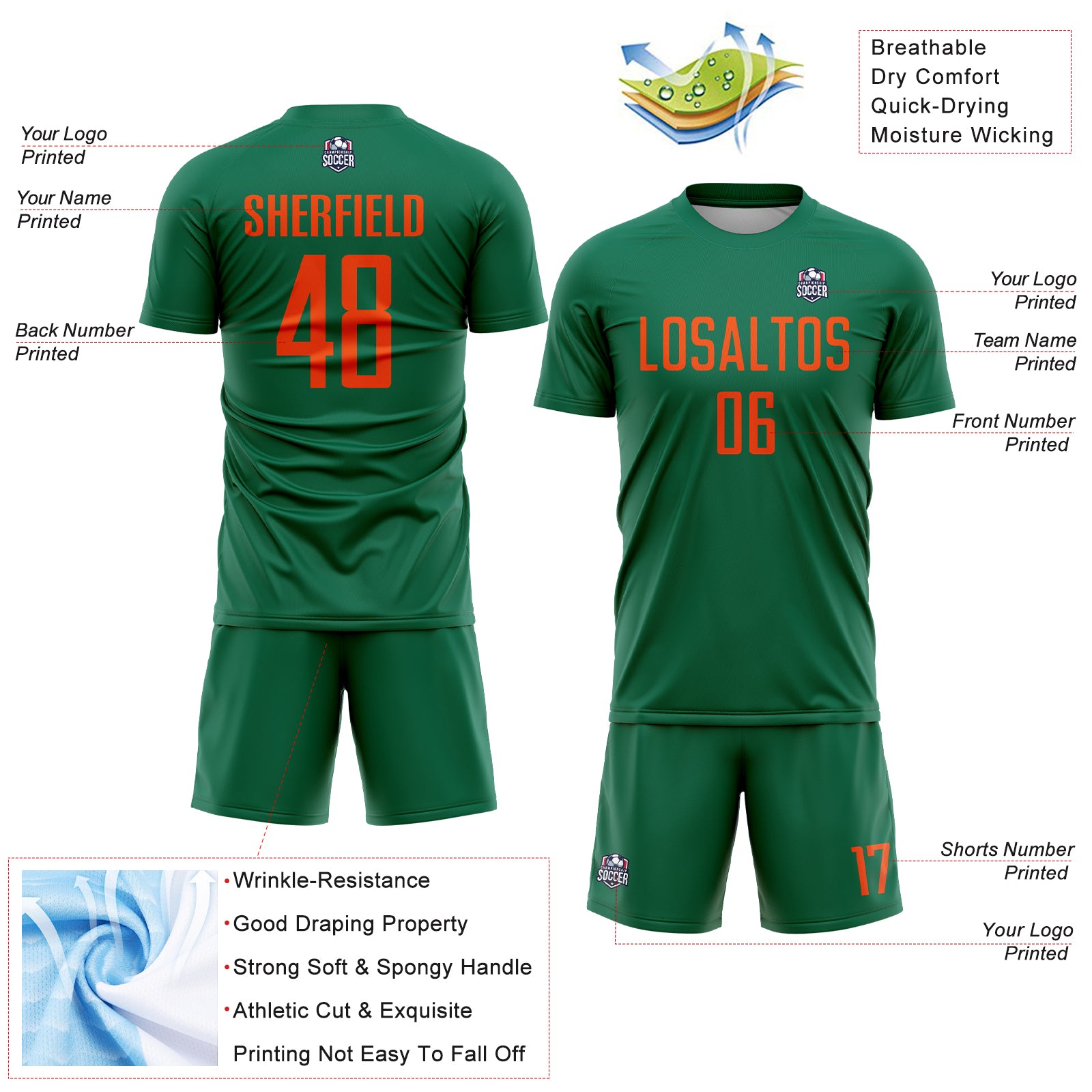 Custom Kelly Green Orange Sublimation Soccer Uniform Jersey