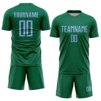 Custom Kelly Green Light Blue Sublimation Soccer Uniform Jersey