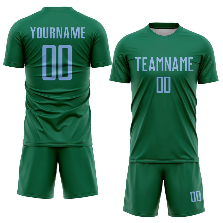 Custom Kelly Green Light Blue Sublimation Soccer Uniform Jersey