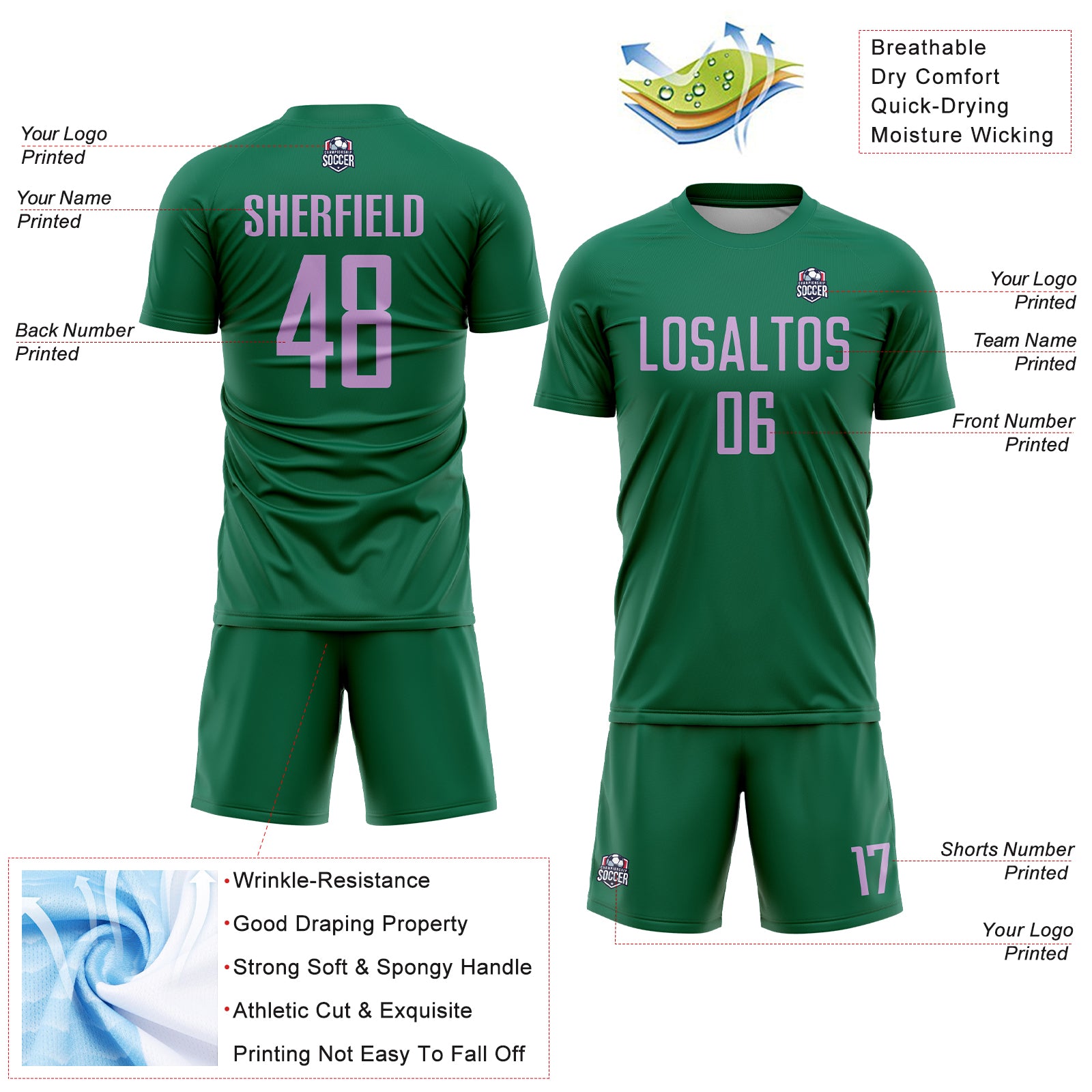 Custom Kelly Green Light Purple Sublimation Soccer Uniform Jersey