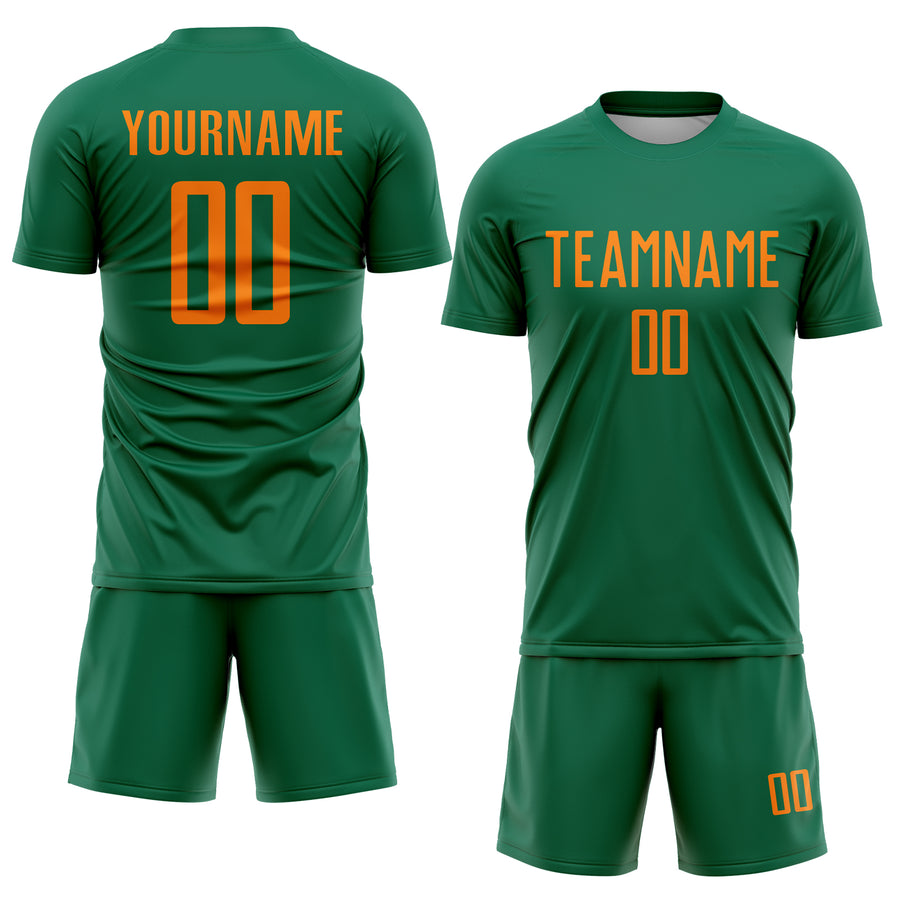 Custom Kelly Green Bay Orange Sublimation Soccer Uniform Jersey