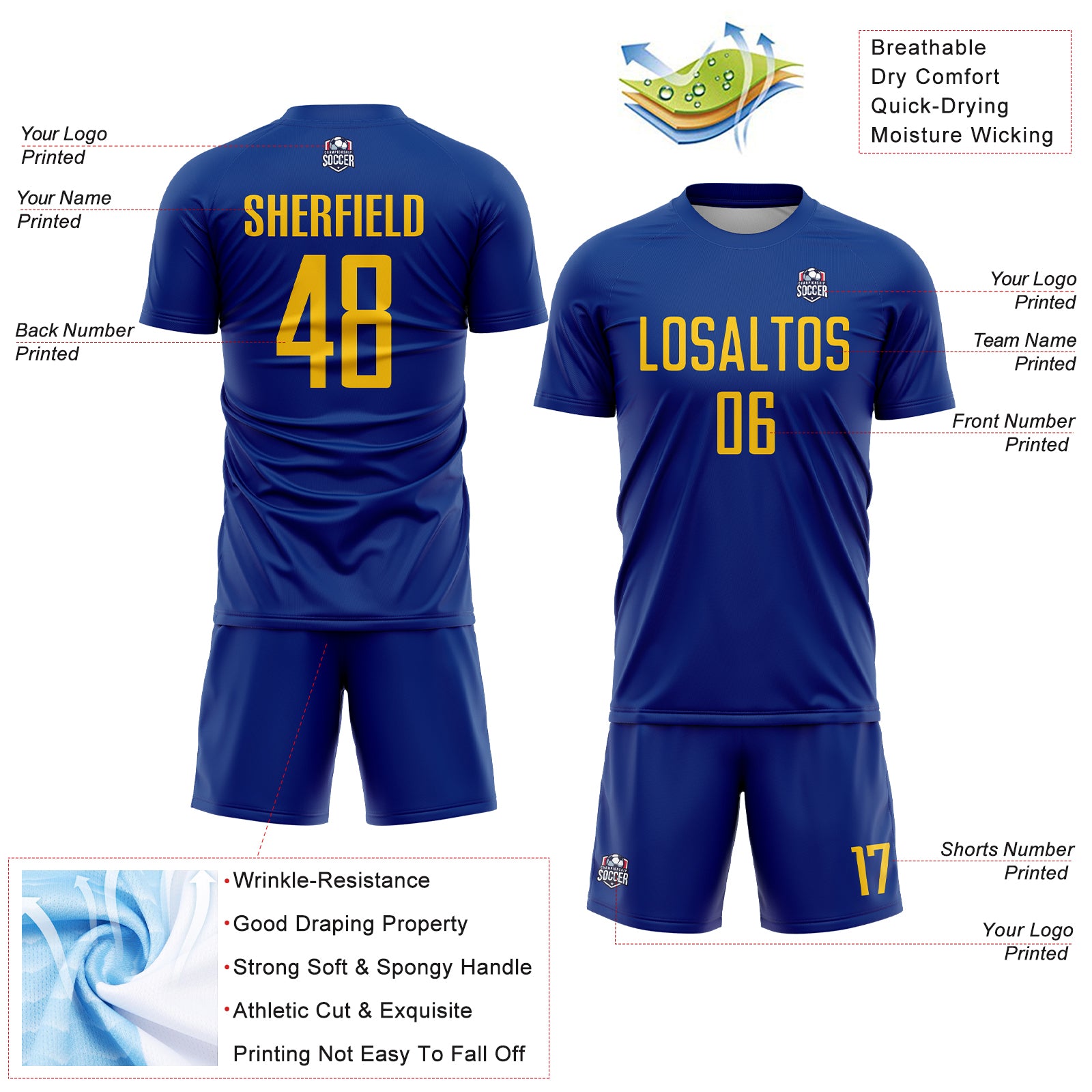 Custom Royal Yellow Sublimation Soccer Uniform Jersey