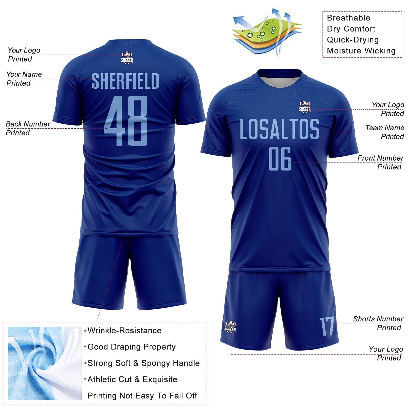 Custom Royal Light Blue Sublimation Soccer Uniform Jersey
