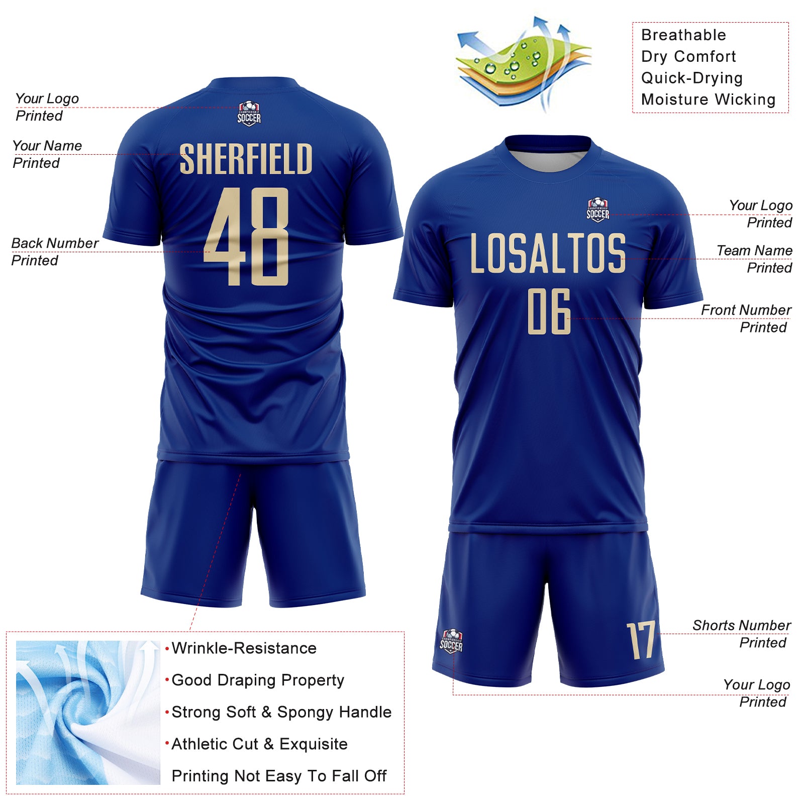 Custom Royal Cream Sublimation Soccer Uniform Jersey
