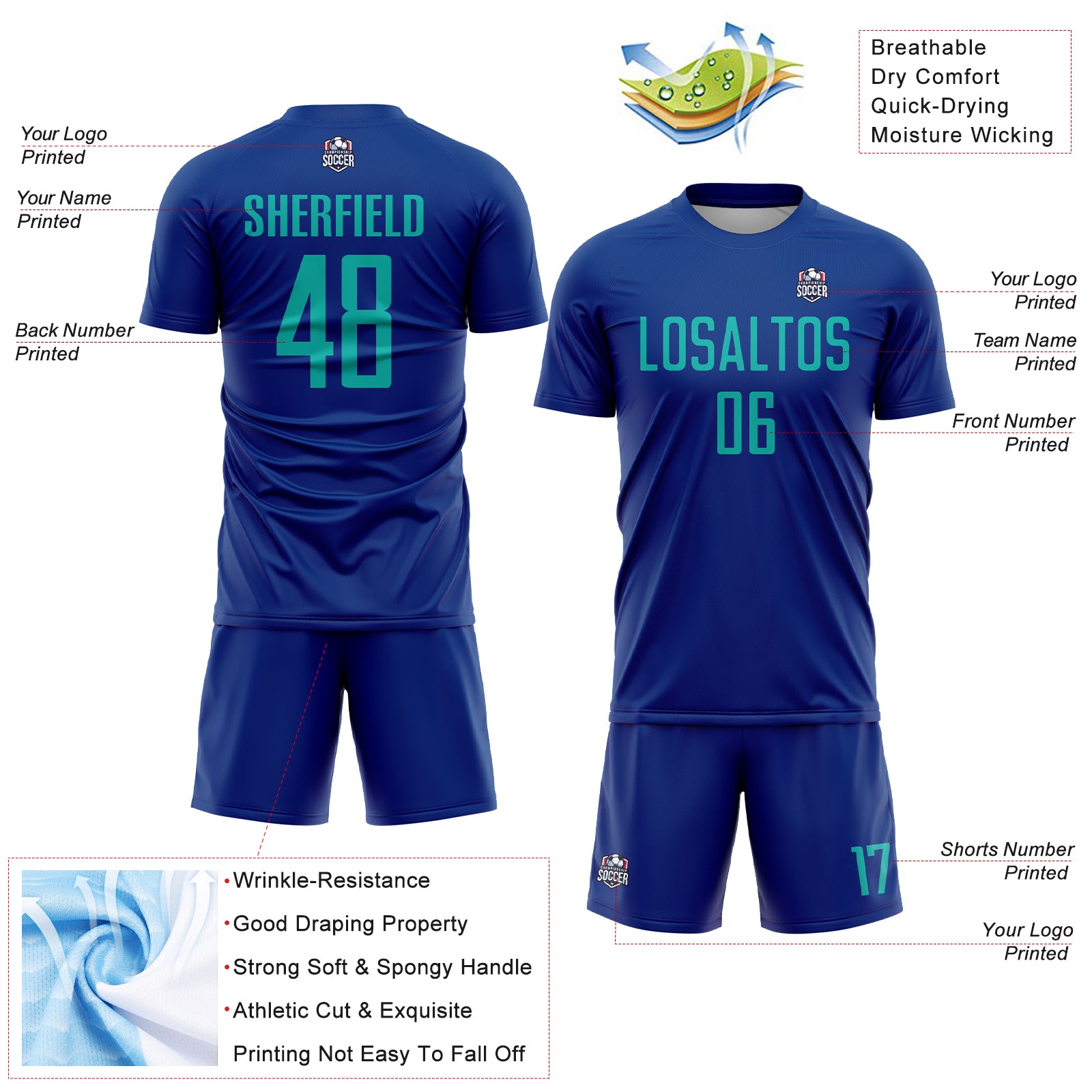 Custom Royal Aqua Sublimation Soccer Uniform Jersey