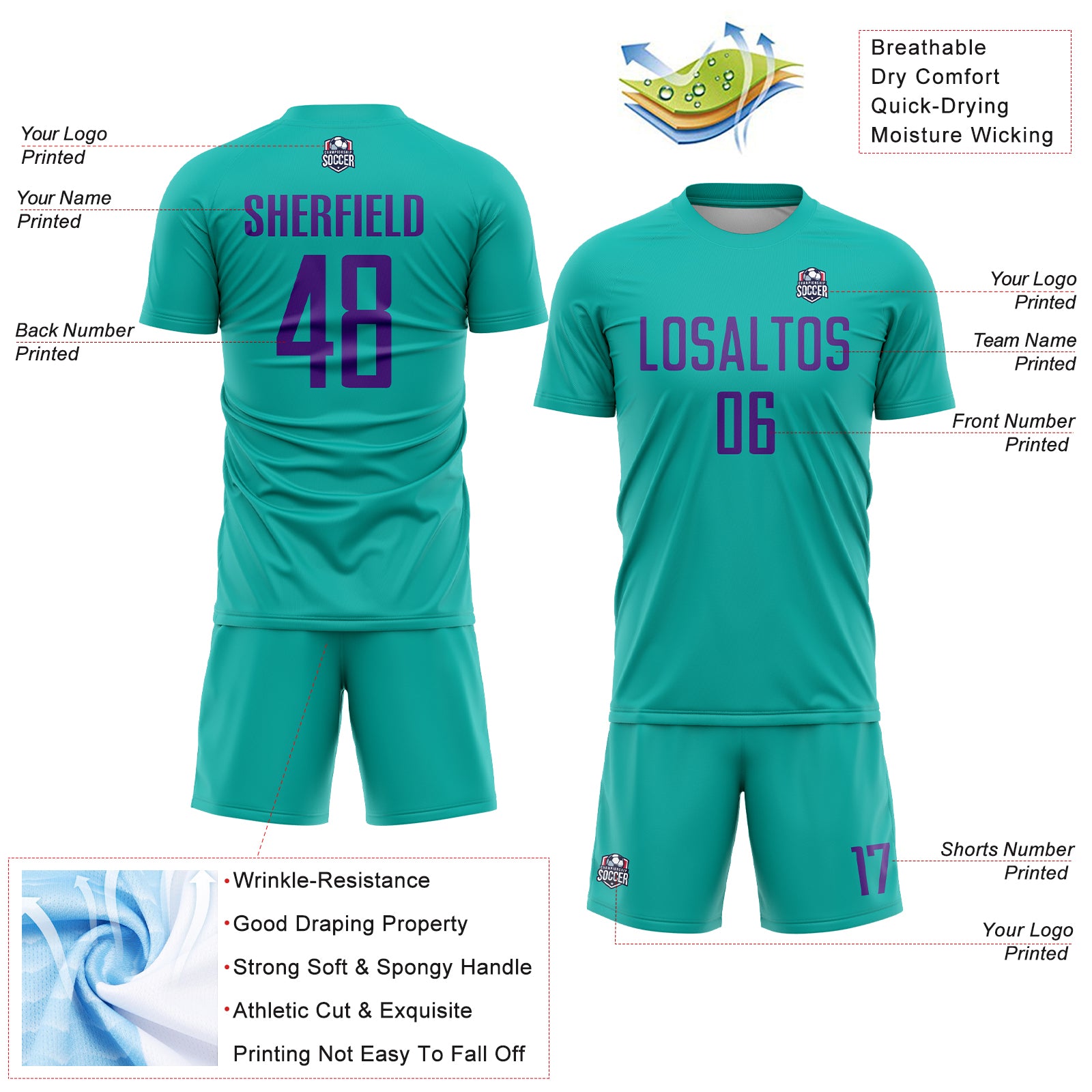 Custom Aqua Purple Sublimation Soccer Uniform Jersey