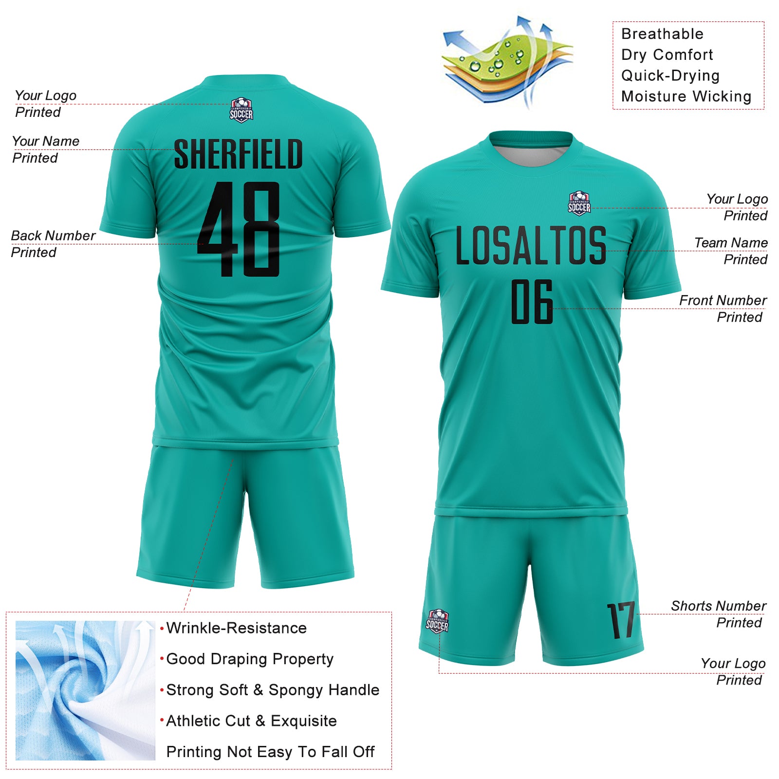 Custom Aqua Black Sublimation Soccer Uniform Jersey