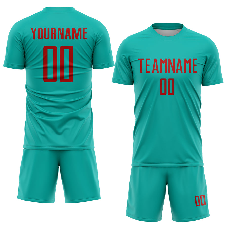 Custom Aqua Red Sublimation Soccer Uniform Jersey