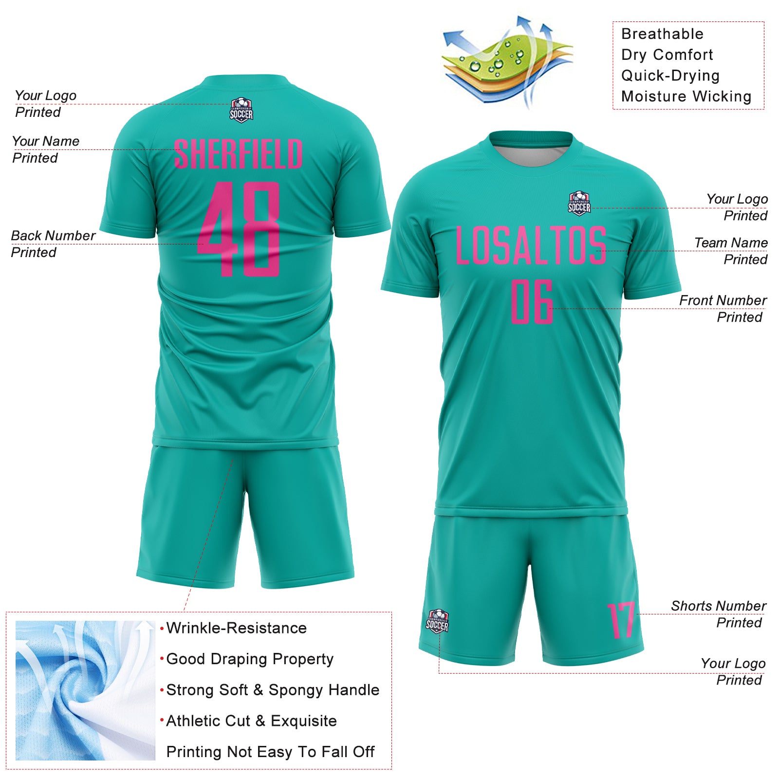 Custom Aqua Pink Sublimation Soccer Uniform Jersey