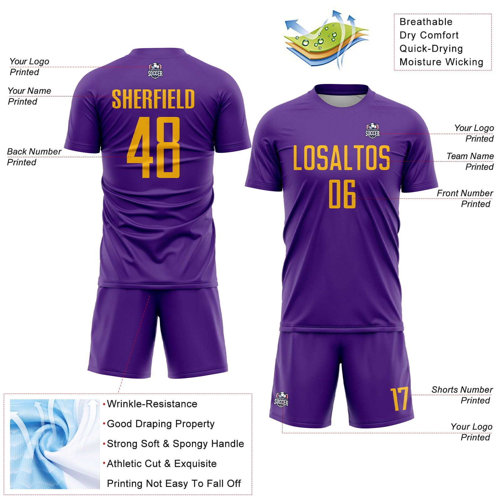 Custom Purple Gold Sublimation Soccer Uniform Jersey