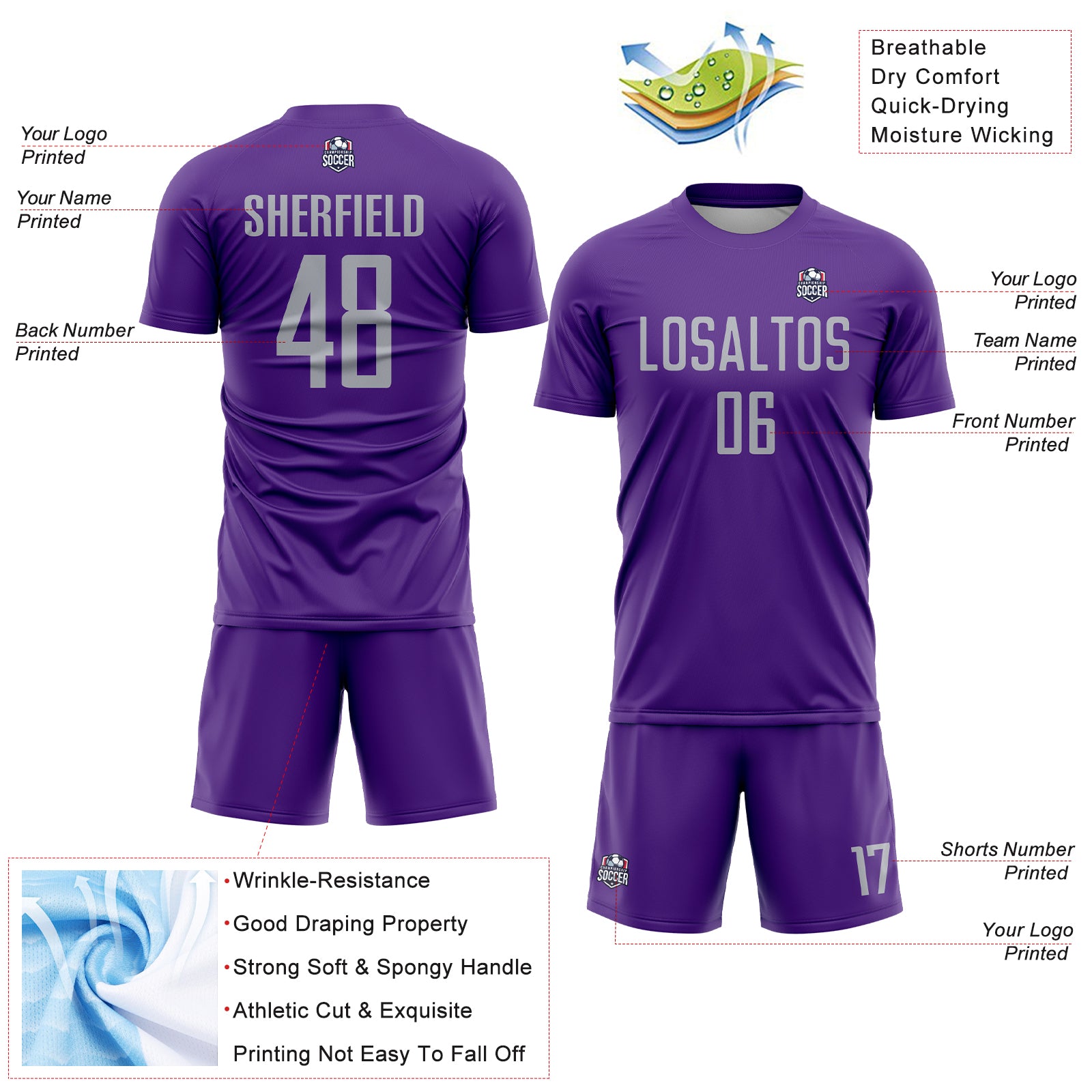 Custom Purple Gray Sublimation Soccer Uniform Jersey