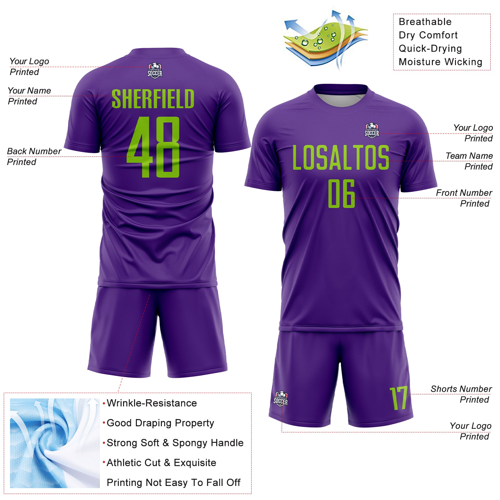 Custom Purple Neon Green Sublimation Soccer Uniform Jersey