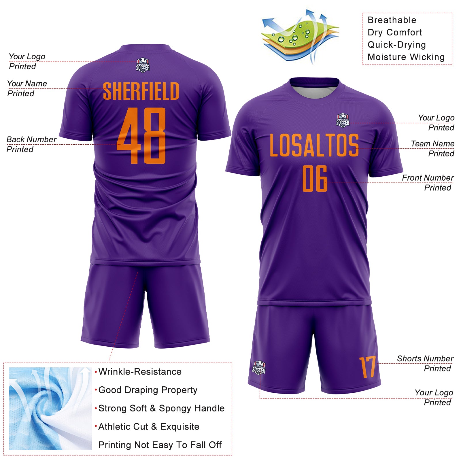 Custom Purple Bay Orange Sublimation Soccer Uniform Jersey
