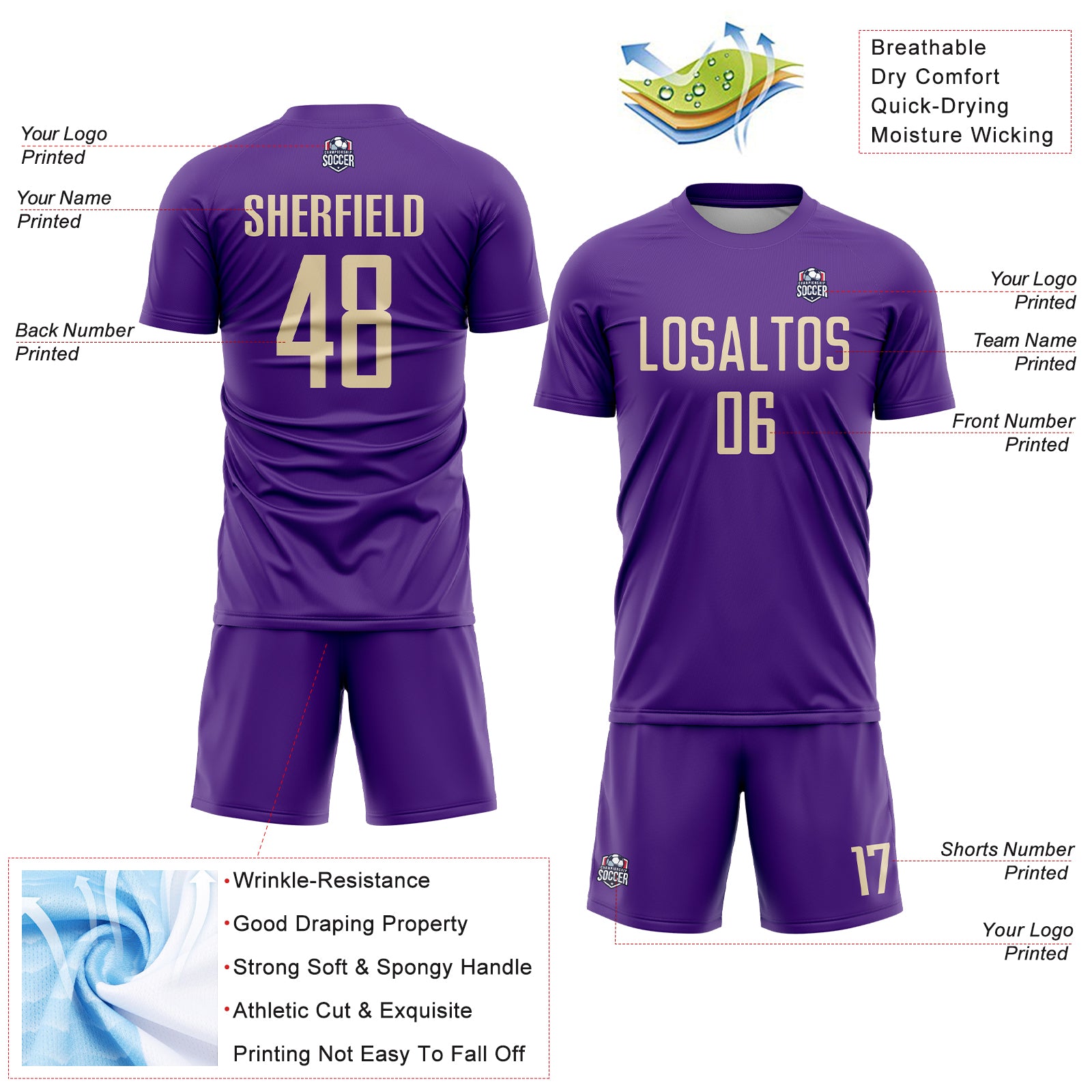 Custom Purple Cream Sublimation Soccer Uniform Jersey