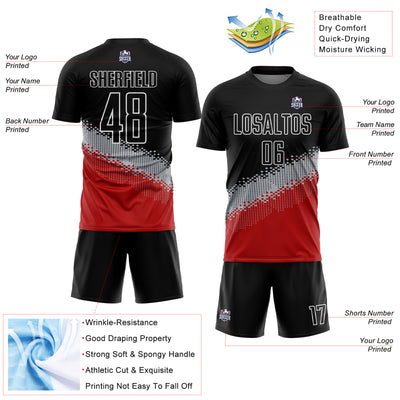 Custom Black Gray-Red Gradient Geometric Shape Sublimation Soccer Uniform Jersey