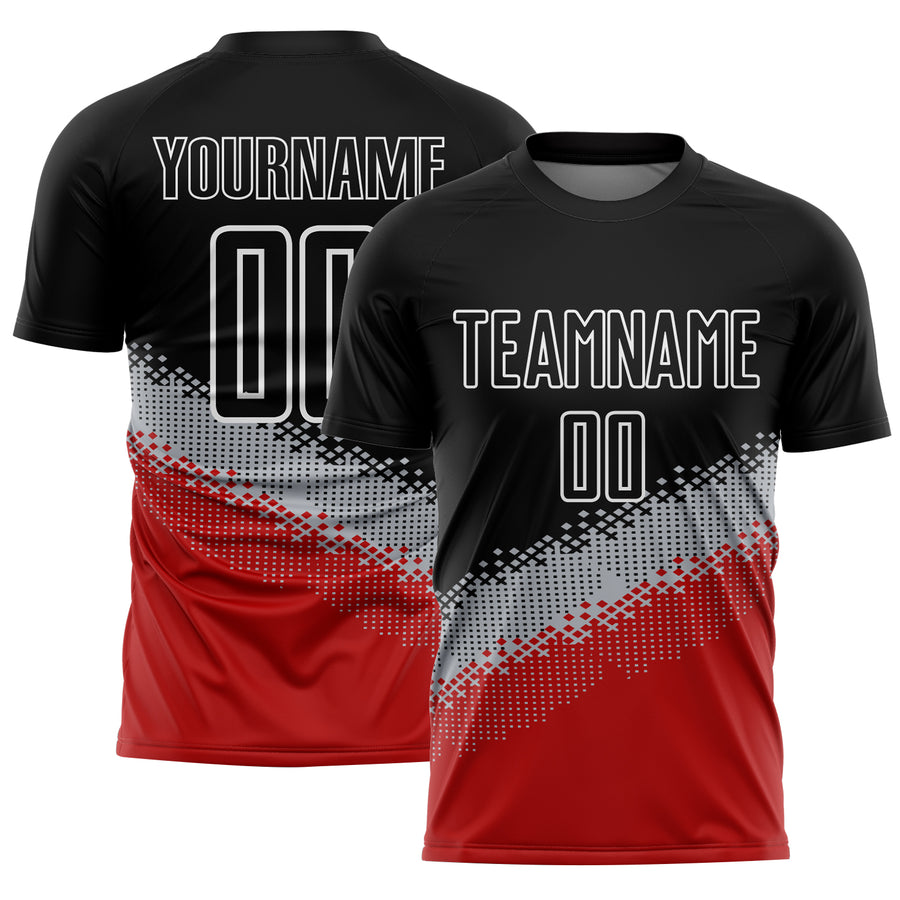 Custom Black Gray-Red Gradient Geometric Shape Sublimation Soccer Uniform Jersey