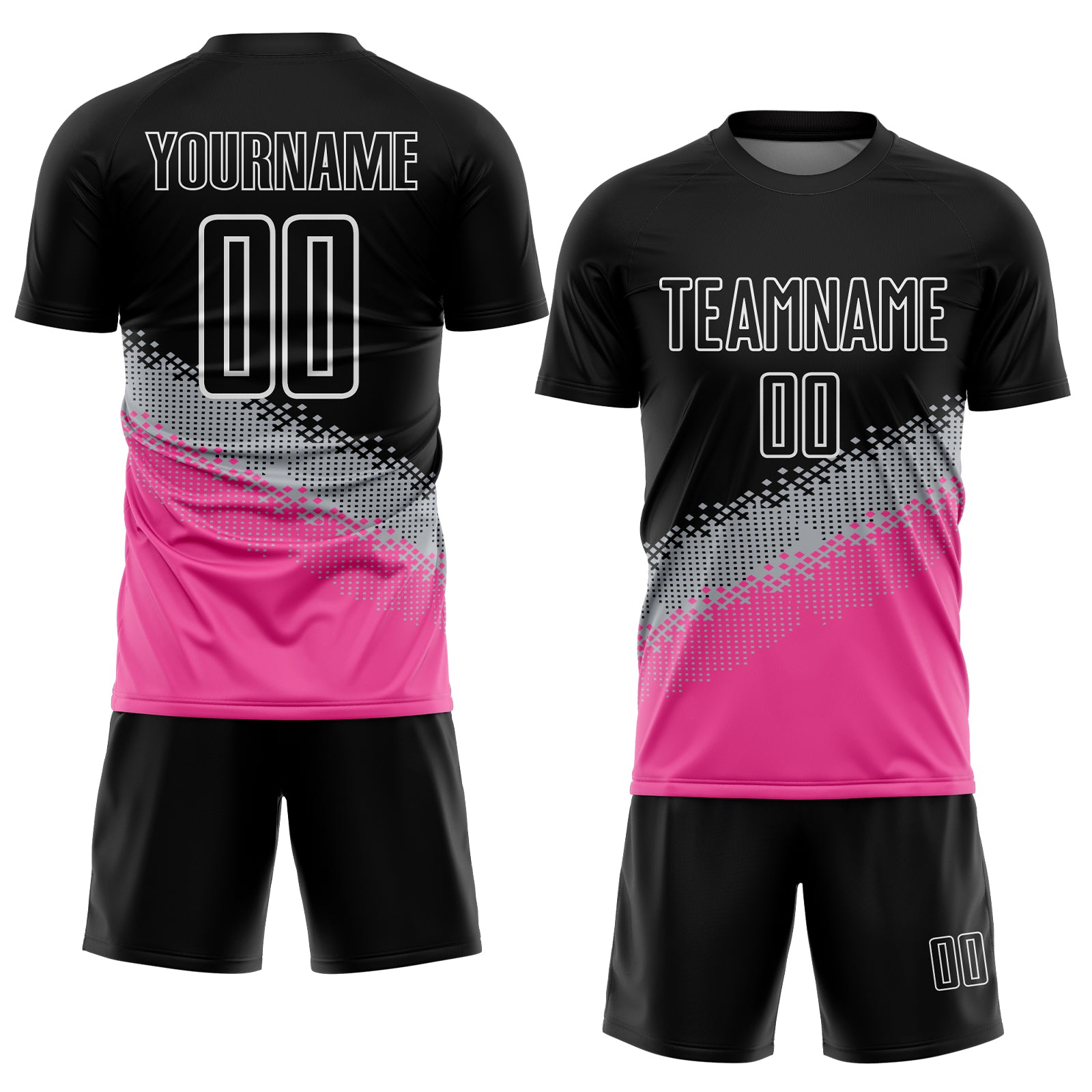 Custom Black Gray-Pink Gradient Geometric Shape Sublimation Soccer Uniform Jersey