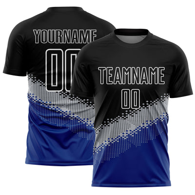 Custom Black Gray-Royal Gradient Geometric Shape Sublimation Soccer Uniform Jersey