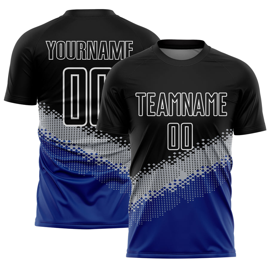 Custom Black Gray-Royal Gradient Geometric Shape Sublimation Soccer Uniform Jersey