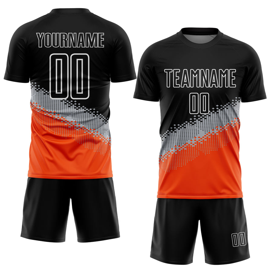 Custom Black Gray-Orange Gradient Geometric Shape Sublimation Soccer Uniform Jersey
