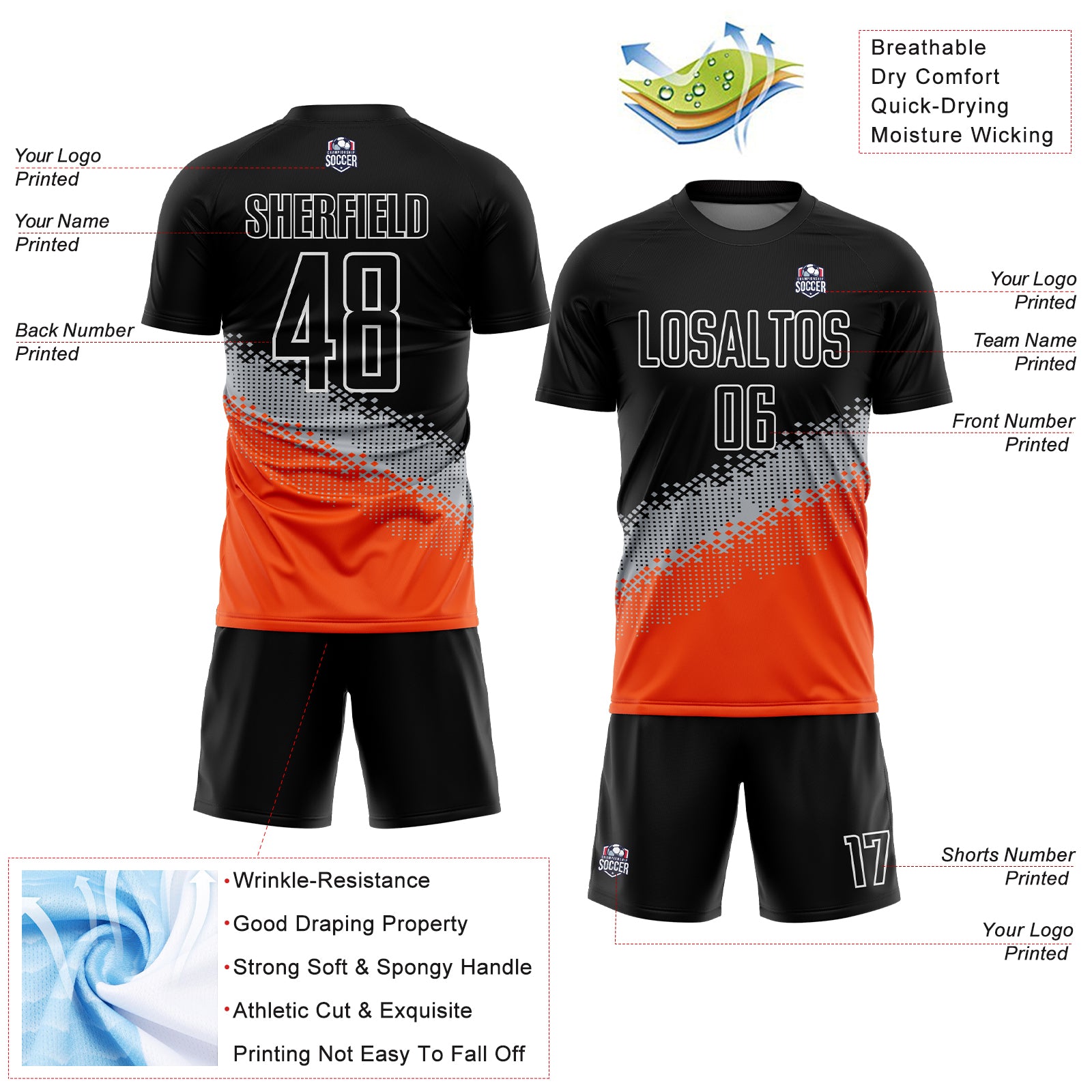 Custom Black Gray-Orange Gradient Geometric Shape Sublimation Soccer Uniform Jersey