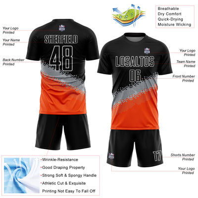 Custom Black Gray-Orange Gradient Geometric Shape Sublimation Soccer Uniform Jersey