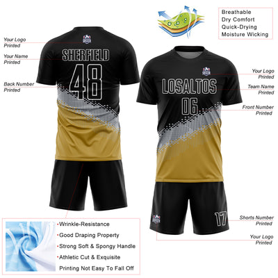 Custom Black Gray-Old Gold Gradient Geometric Shape Sublimation Soccer Uniform Jersey