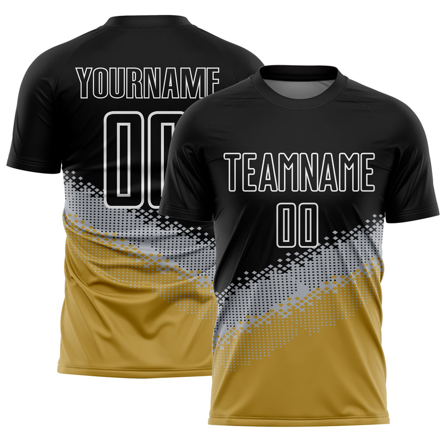 Custom Black Gray-Old Gold Gradient Geometric Shape Sublimation Soccer Uniform Jersey