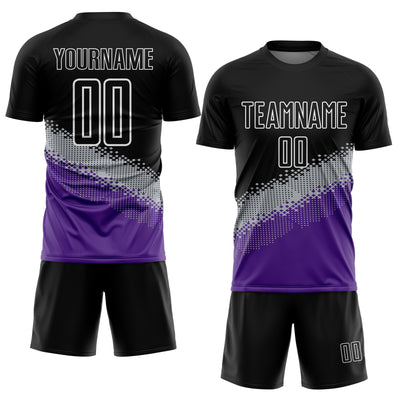 Custom Black Gray-Purple Gradient Geometric Shape Sublimation Soccer Uniform Jersey