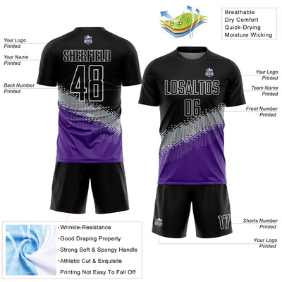 Custom Black Gray-Purple Gradient Geometric Shape Sublimation Soccer Uniform Jersey