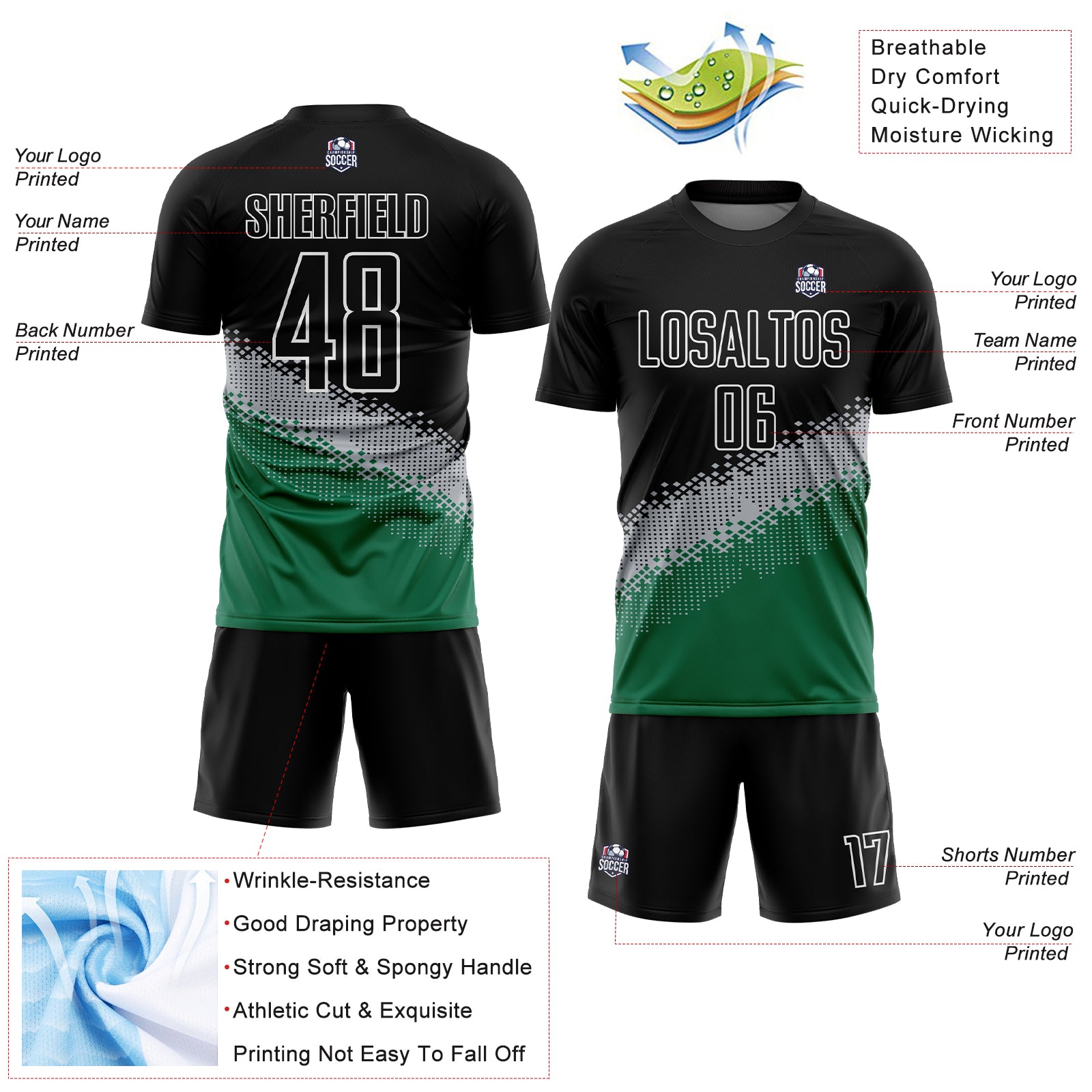 Custom Black Gray-Kelly Green Gradient Geometric Shape Sublimation Soccer Uniform Jersey