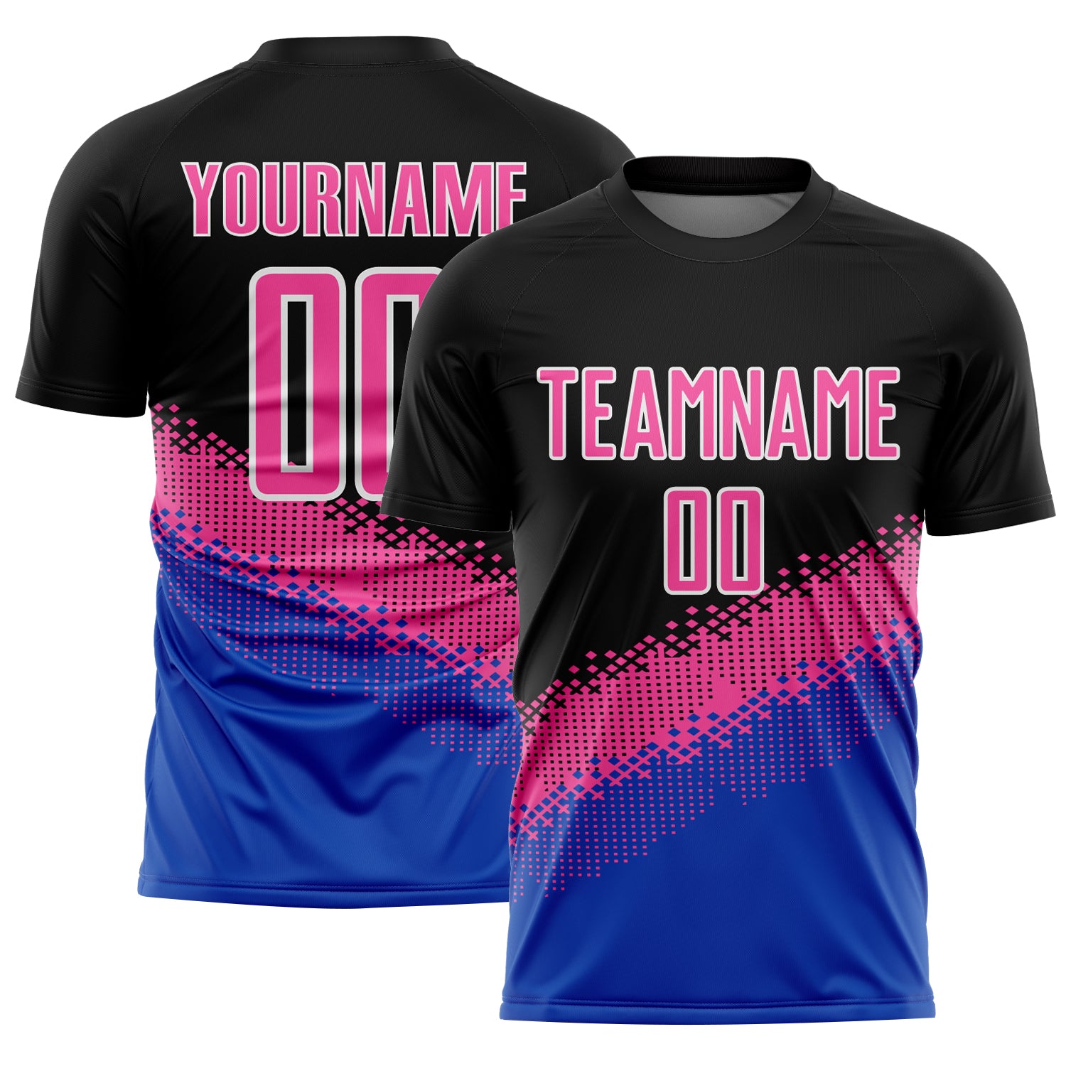 Custom Black Pink-Thunder Blue Gradient Geometric Shape Sublimation Soccer Uniform Jersey
