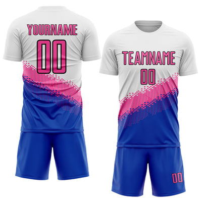 Custom White Pink Thunder Blue-Black Gradient Geometric Shape Sublimation Soccer Uniform Jersey