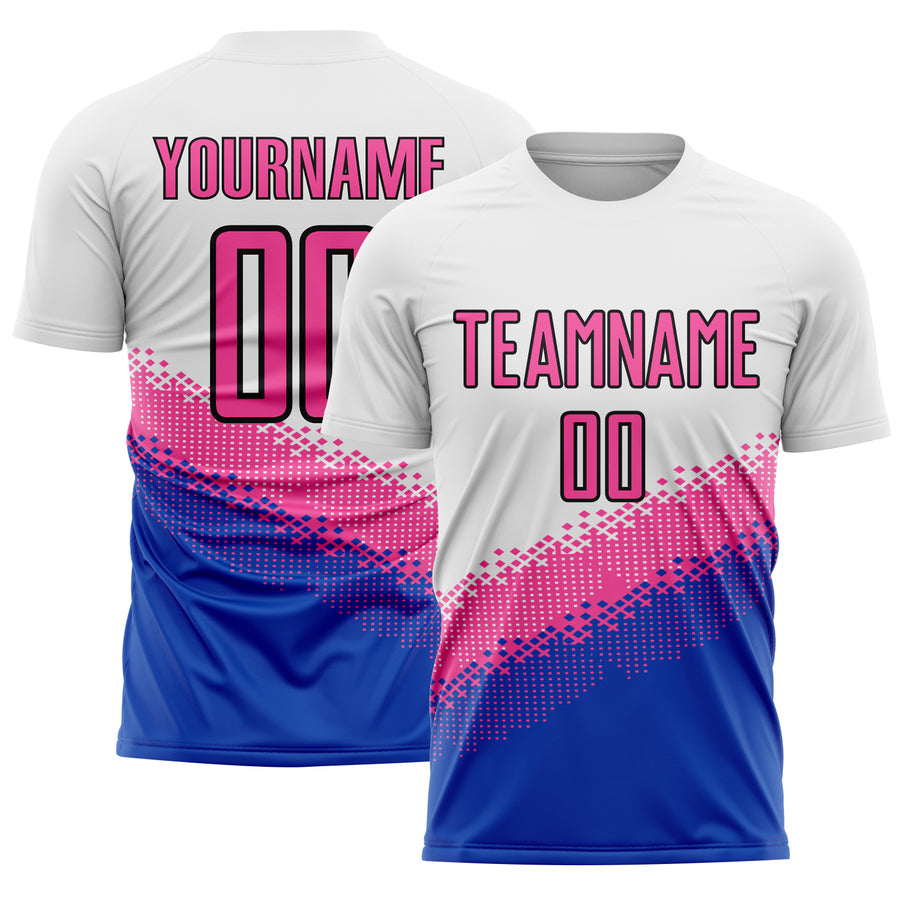 Custom White Pink Thunder Blue-Black Gradient Geometric Shape Sublimation Soccer Uniform Jersey