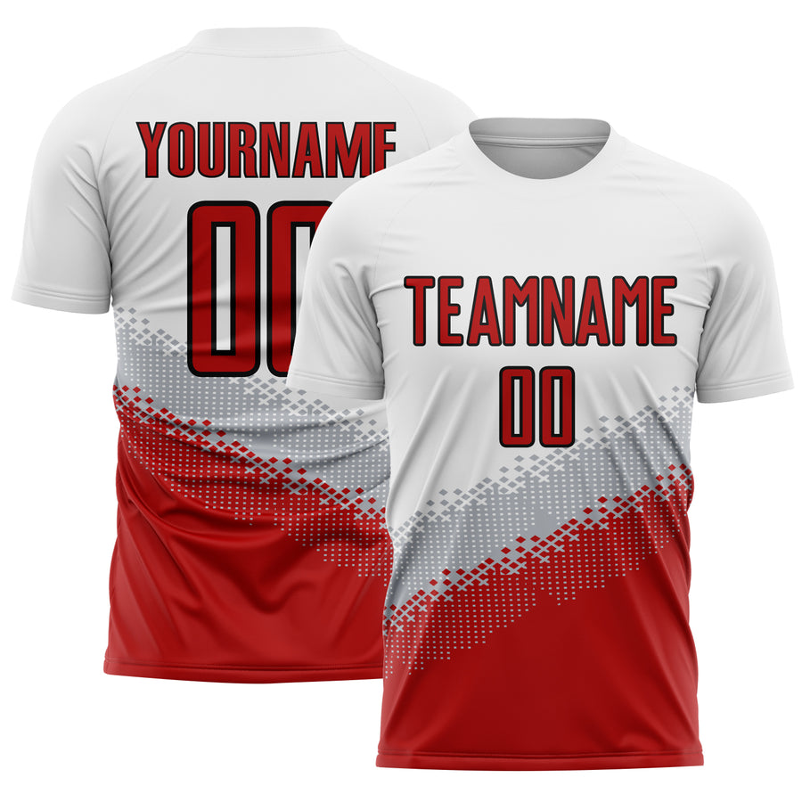 Custom White Red Gray-Black Gradient Geometric Shape Sublimation Soccer Uniform Jersey