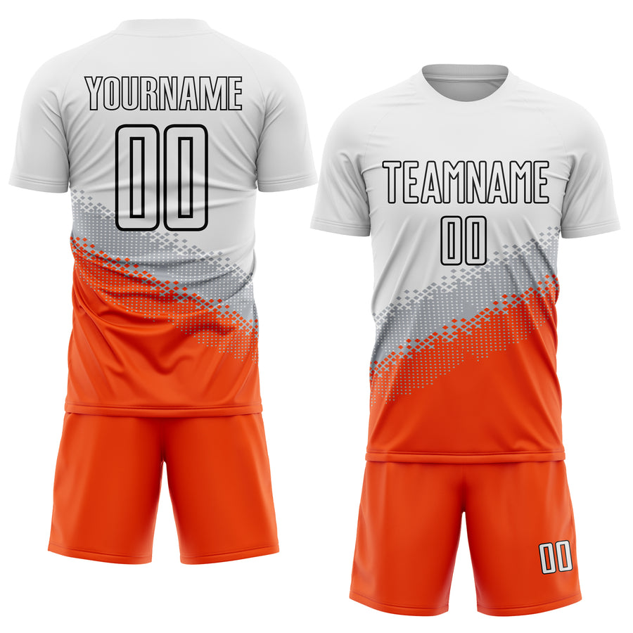 Custom White Gray Orange-Black Gradient Geometric Shape Sublimation Soccer Uniform Jersey