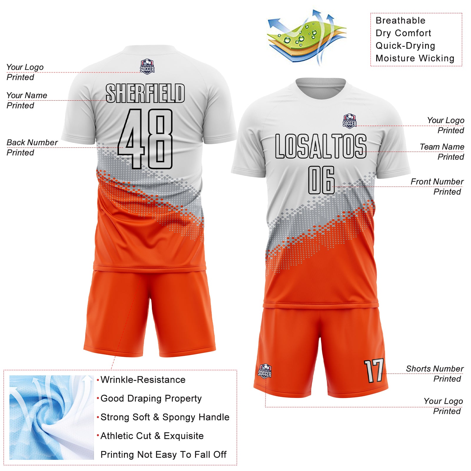 Custom White Gray Orange-Black Gradient Geometric Shape Sublimation Soccer Uniform Jersey