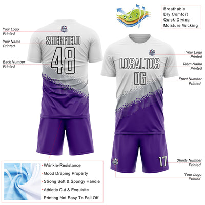 Custom White Gray Purple-Black Gradient Geometric Shape Sublimation Soccer Uniform Jersey