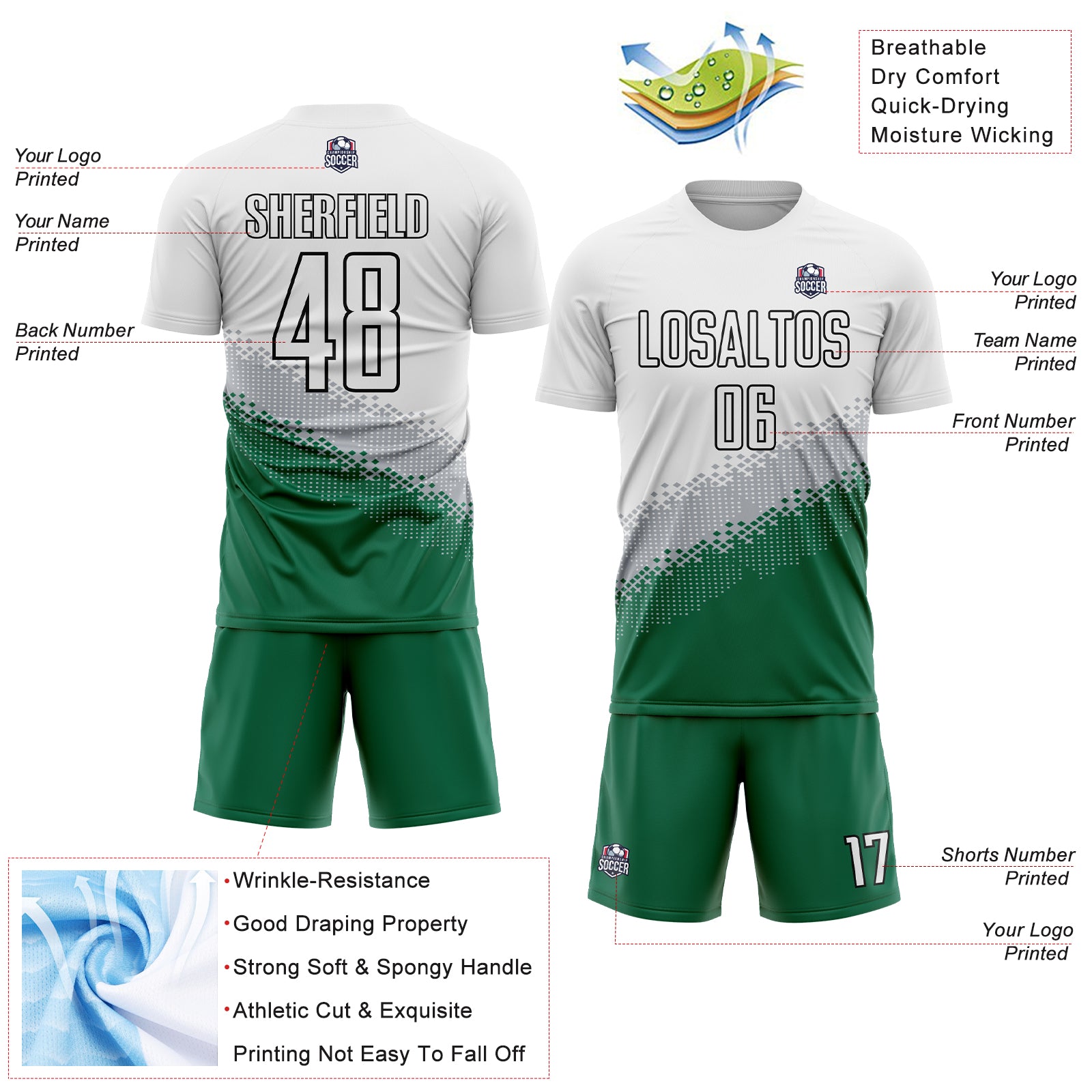 Custom White Gray Kelly Green-Black Gradient Geometric Shape Sublimation Soccer Uniform Jersey