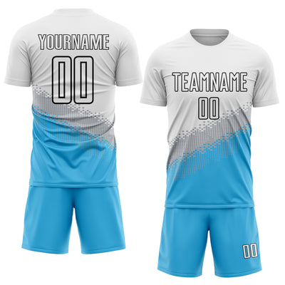 Custom White Gray Sky Blue-Black Gradient Geometric Shape Sublimation Soccer Uniform Jersey
